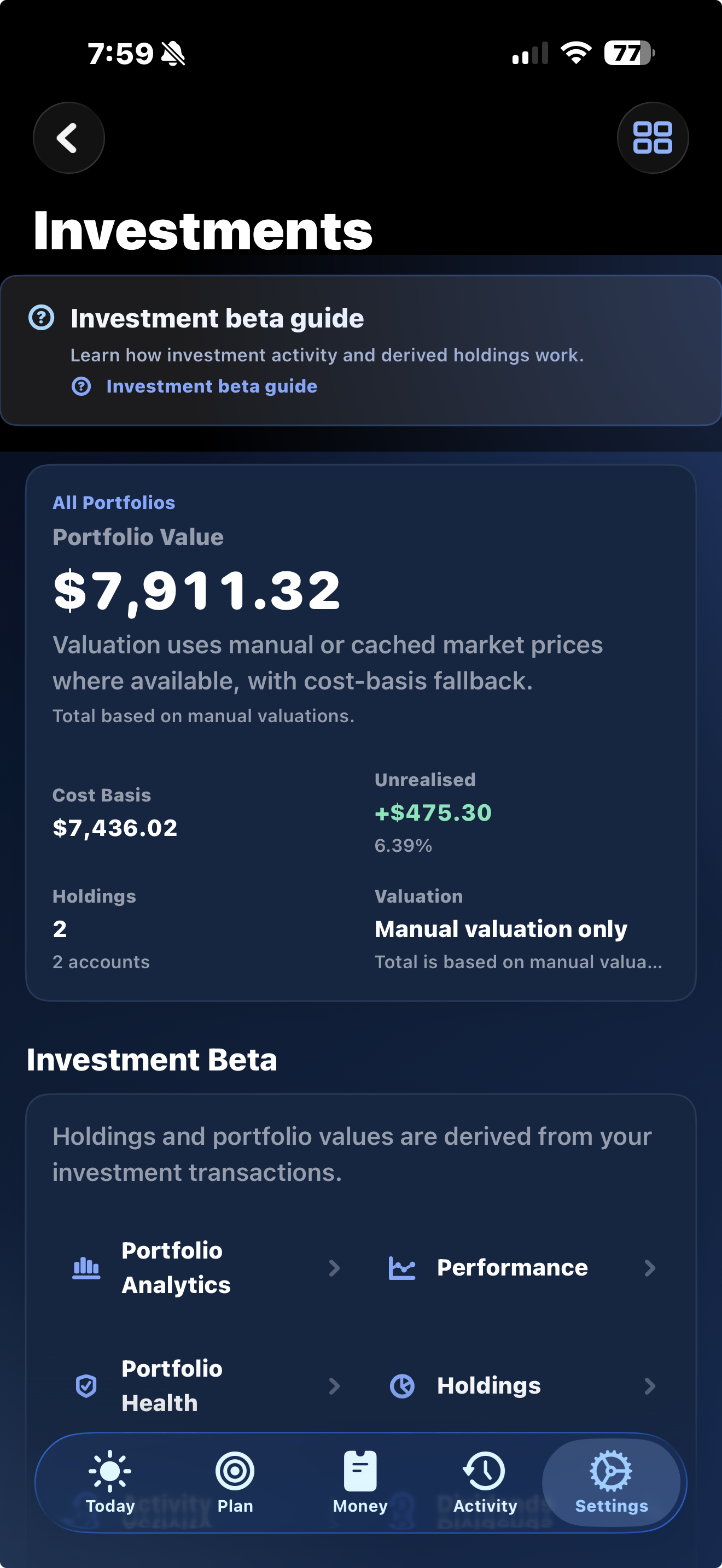 NorthVault investment beta overview screen