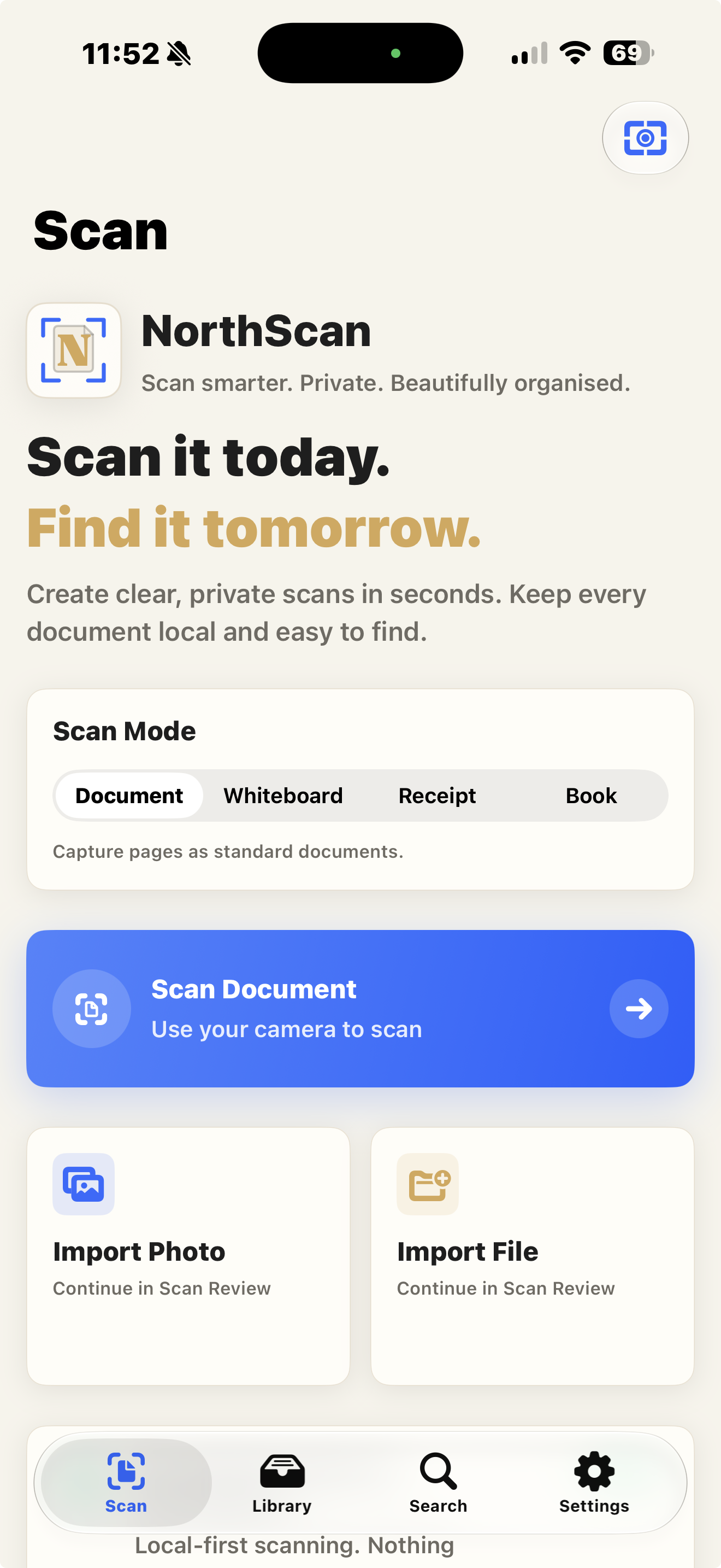 NorthScan home screen with scan modes, scan document, import photo and import file actions
