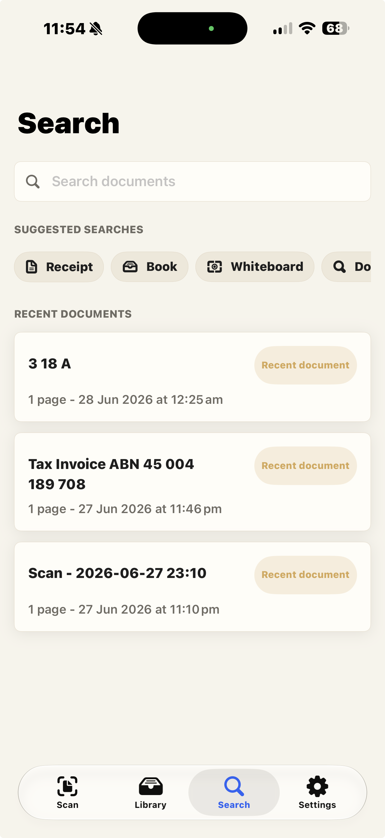 NorthScan search screen with suggested searches and recent documents