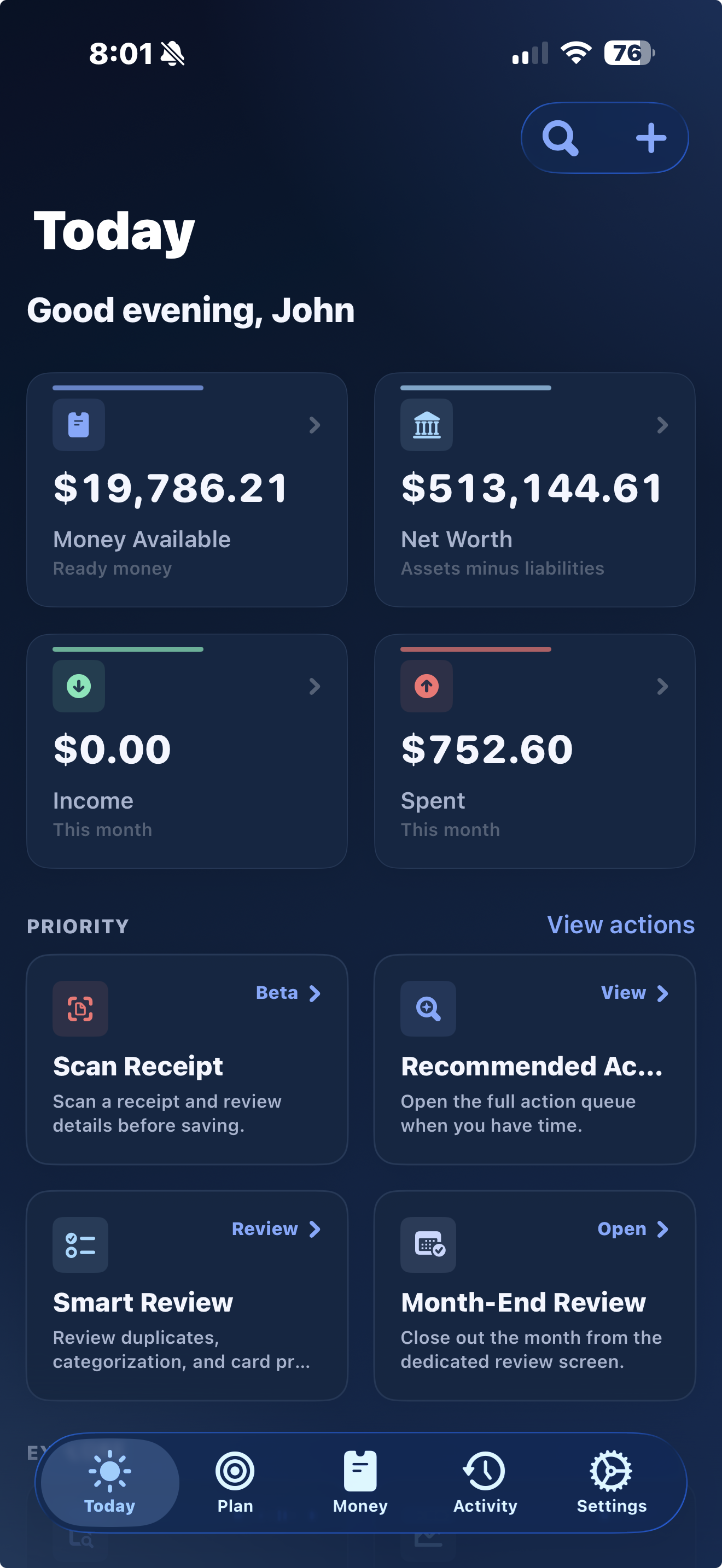 NorthVault Today dashboard screen